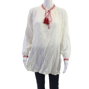 Starmela Women Bohemian Cotton Tunic Long Sleeve Drawstring White Size S
